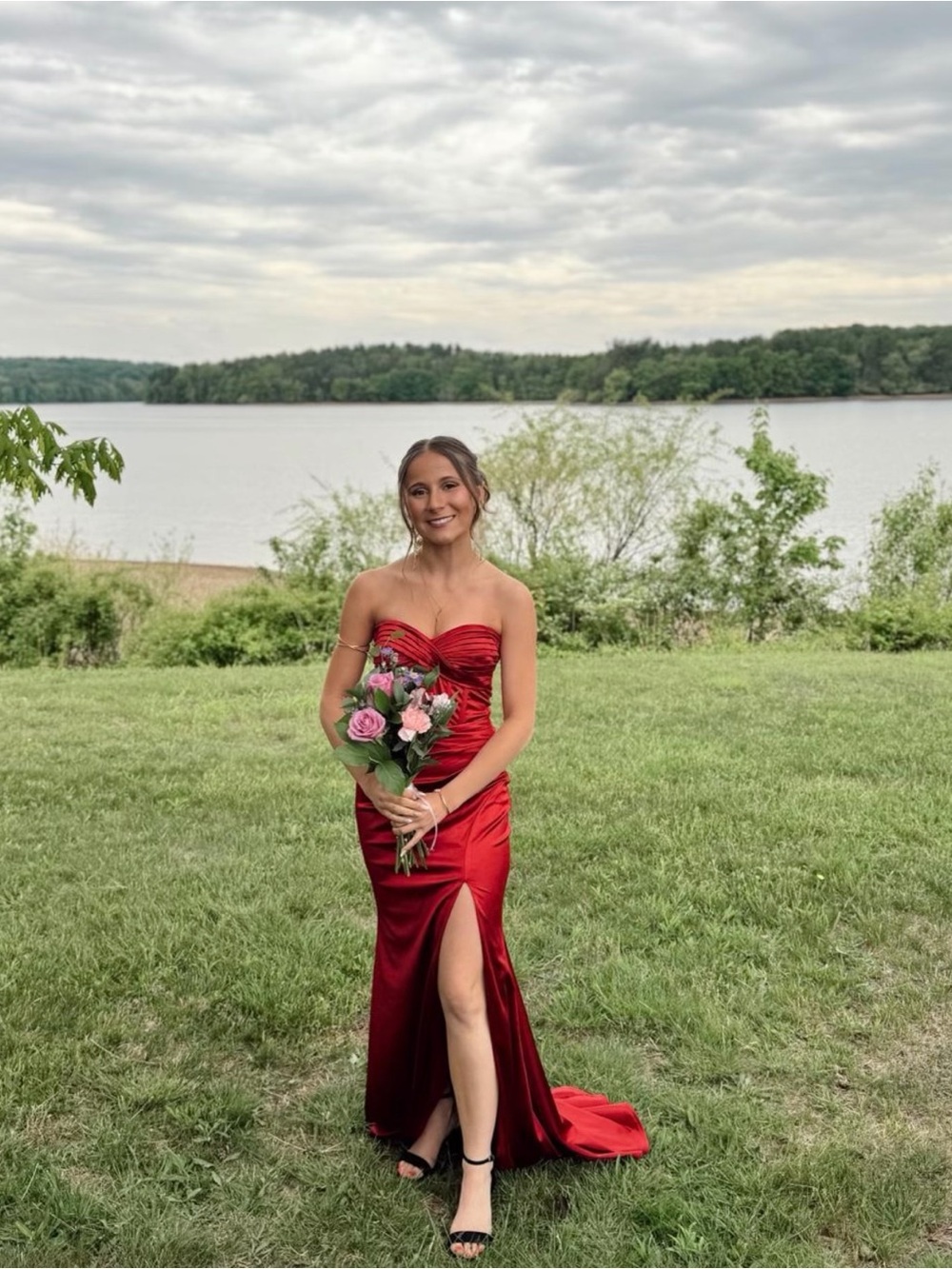 Strapless Red Satin Prom Gown with Side Slit